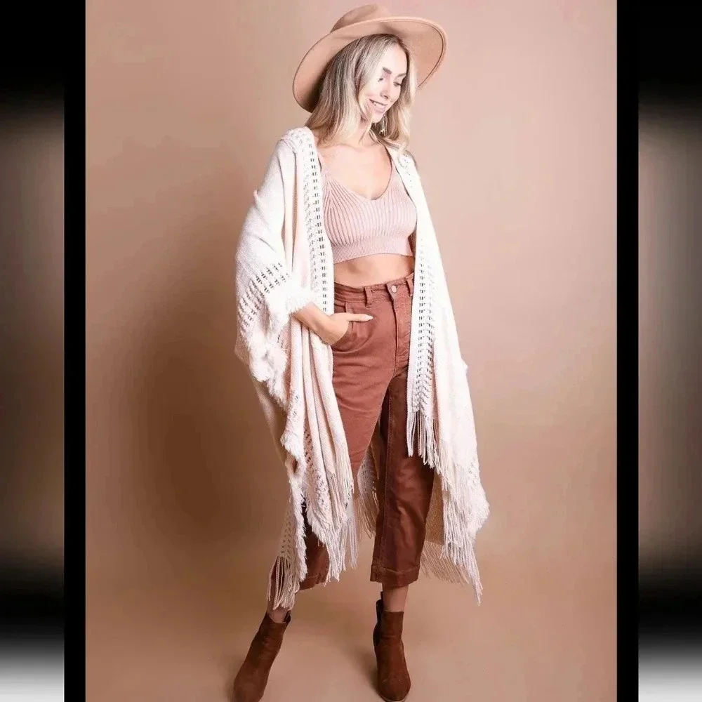 New Boho Fringe Knit Ruana Wrap Kimono Cream